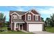 Two-story home featuring a red siding, white trim, a two car garage, and a well manicured front yard at 1943 Black Oak Dr, Shelbyville, IN 46176