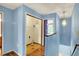 Blue hallway features a laundry closet, wood floors, and a hanging light fixture at 539 Deer Trail Dr, Indianapolis, IN 46217