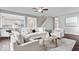 Comfortable living room with hardwood floors, neutral decor, and open layout to kitchen at 6528 Abby Ln, Zionsville, IN 46077