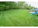 Large, well-maintained backyard with a paver patio, playset, and mature trees, perfect for Gathering enjoyment at 7322 Stones River Dr, Indianapolis, IN 46259