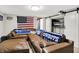 Cozy basement with a comfortable leather couch, barn door closet, and American flag decor at 10972 W Old Nashville Rd, Columbus, IN 47201