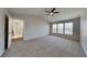 Bright bedroom with carpet flooring, a ceiling fan, and a series of windows providing natural light at 12878 Ari Ln, Fishers, IN 46037