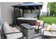 Relaxing backyard hot tub area with seating, a fire pit and a gazebo, perfect for entertaining at 12993 E 131St St, Fishers, IN 46037