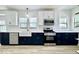 Modern kitchen featuring white and navy cabinets, stainless steel appliances and marble countertops at 1920 E Epler E Ave, Indianapolis, IN 46227