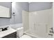 Bathroom featuring a shower-tub combo and a vanity with a dark-stained cabinet at 3109 E St Joseph St, Indianapolis, IN 46201