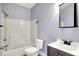 Cozy bathroom featuring a shower-tub combo and a vanity with a dark-stained cabinet at 3109 E St Joseph St, Indianapolis, IN 46201