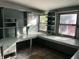A full view of a kitchen with light blue cabinets, shelving, counters and drawers in need of repair at 3208 Wellington Ave, Indianapolis, IN 46226