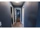 Hallway with blue walls and doors to rooms with varying flooring and décor at 7320 Corwin Ct, Indianapolis, IN 46259