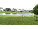 Beautiful backyard view of a serene pond, green lawn, and neighboring houses at 10731 Jimmy Lake Dr, Indianapolis, IN 46239