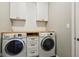 Well-organized laundry room featuring a front-load washer, dryer, white cabinets, and a wood countertop at 13145 Roma Bnd, Carmel, IN 46074