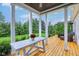 Covered deck with a wooden table and lush greenery surrounding at 13145 Roma Bnd, Carmel, IN 46074