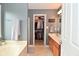 Bathroom featuring a soaking tub, closet, light wood vanity, and blue-gray walls at 3251 Amber Way, Bargersville, IN 46106