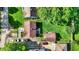 A captivating aerial view showcases a brick home with a lush backyard and detached garage at 3310 Ransdell St, Indianapolis, IN 46227