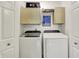 Functional laundry room with modern washer and dryer, and overhead storage at 4824 Eagles Watch Ln, Indianapolis, IN 46254