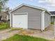 Detached garage with white door and siding, set back from the house at 618 Miller Ave, Shelbyville, IN 46176