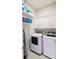 Functional laundry room equipped with modern appliances, white cabinetry, and ample shelving at 654 N Senate Ave, Indianapolis, IN 46202