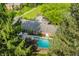 An aerial view of a home featuring a swimming pool, an enclosed yard, and beautiful mature trees at 7575 Central Ave, Indianapolis, IN 46240