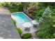 Aerial view of a private backyard oasis, showcasing the sparkling pool, and lush landscaping at 7575 Central Ave, Indianapolis, IN 46240