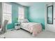 Bright bedroom featuring blue and white walls, a comfortable bed, and windows with blinds at 7824 Hedgehop Dr, Zionsville, IN 46077