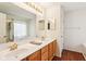 Bright bathroom showcasing double sinks, a large mirror, and wood-look flooring at 7970 Cobblesprings Dr, Avon, IN 46123