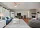 Comfortable living room features hardwood floors, stone fireplace and plenty of natural light at 9598 N Mariners Crst, McCordsville, IN 46055