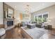 Spacious living room with a brick fireplace, large windows, and stylish decor at 3316 Shelborne Woods Pkwy, Carmel, IN 46032