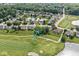 An aerial view displays a charming golf course home in a serene neighborhood near a peaceful pond at 4818 Arabian Run, Indianapolis, IN 46228