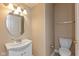 Cozy powder room featuring a pedestal sink, toilet, and a decorative mirror at 5891 Mimosa Dr, Indianapolis, IN 46234