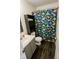 Bathroom featuring vanity sink and dinosaur shower curtain at 6213 Selago Dr, Indianapolis, IN 46203