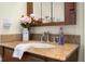 Bathroom vanity with granite countertop, chrome faucet, and floral decorations at 740 Carya Sq, Columbus, IN 47201
