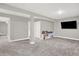 Large basement area with soft carpet, storage shelves, and a mounted television at 8266 Glacier Ridge Dr, Fishers, IN 46038