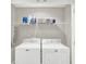 Functional laundry room with white appliances and storage shelving for organization at 8266 Glacier Ridge Dr, Fishers, IN 46038