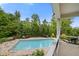 Beautiful pool area with surrounding greenery and stone patio, seen from an elevated viewpoint at 860 Chatham Hills Blvd, Westfield, IN 46074