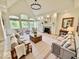 Bright living room featuring vaulted ceilings, a fireplace and large windows with a view to the outdoor landscape at 897 Copperwood Dr, Carmel, IN 46033