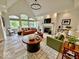 Bright living room featuring vaulted ceilings, a fireplace, large windows, and multiple seating areas at 897 Copperwood Dr, Carmel, IN 46033