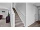 Carpeted staircase with white risers and handrail in a home interior at 13887 N Hawkers Hill Dr, Camby, IN 46113