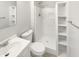 Bathroom with shower, shelves, new toilet and sink at 1464 Scarlett Ct, Franklin, IN 46131