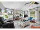 Bright living room with a ceiling fan, fireplace, and comfortable seating with views to outside at 2021 Chestnut St, Columbus, IN 47201