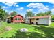 View of home's backyard with lush green grass and a stone fire pit, ideal for gatherings at 2110 Fisher Ave, Speedway, IN 46224
