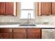 Close up of the kitchen sink with granite countertops, wood cabinets, and stainless steel dishwasher at 2209 S Logan Dr, New Palestine, IN 46163