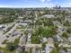 An aerial view of a quaint neighborhood with a city skyline backdrop at 418 Harlan St, Indianapolis, IN 46201