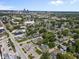 An aerial shot showcases the city skyline and surrounding neighborhood with commercial district at 418 Harlan St, Indianapolis, IN 46201