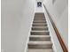 These carpeted stairs have a wooden handrail and lead to the second level of the home at 6605 Grosvenor Pl, Indianapolis, IN 46220