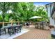 Large deck features separate seating area, outdoor grill, bar, and dining area at 7255 Haverhill Ct, Indianapolis, IN 46250