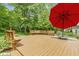 Backyard wooden deck overlooking the large, green lawn with various bench seating options at 7744 Preservation Dr, Indianapolis, IN 46278