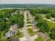 Panoramic aerial view of a residential street lined with trees, leading to a serene lake at 120 Wagon Trail, Mooresville, IN 46158