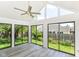 Sunroom features sliding glass doors, vaulted ceiling with fan, and backyard views at 12289 Charing Cross Rd, Carmel, IN 46033