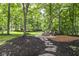 An inviting backyard firepit area features Adirondack chairs, landscaping, and a wooded backdrop at 13017 Water Ridge Dr, McCordsville, IN 46055