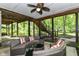 Covered outdoor patio with comfortable seating, natural views, and a ceiling fan for added comfort at 13017 Water Ridge Dr, McCordsville, IN 46055