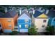 Aerial view of colorful homes in a residential neighborhood, showcasing the unique architecture and design at 2075 Rhettsbury St, Carmel, IN 46032